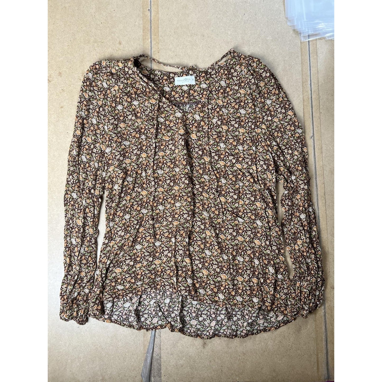 Natural Life Blouse Womens M Brown Tunic Floral Rayon Puff Sleeve Casual