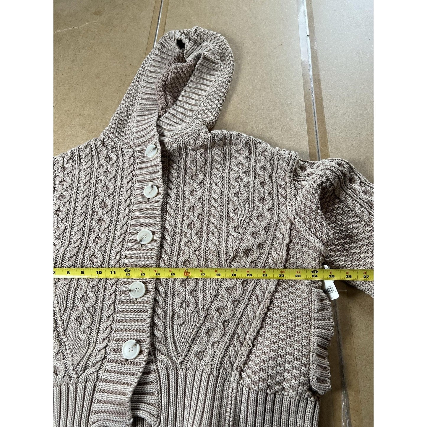 Coatigan Womens XS Beige Hooded Cable Knit Button Cotton Short Casual Pullover
