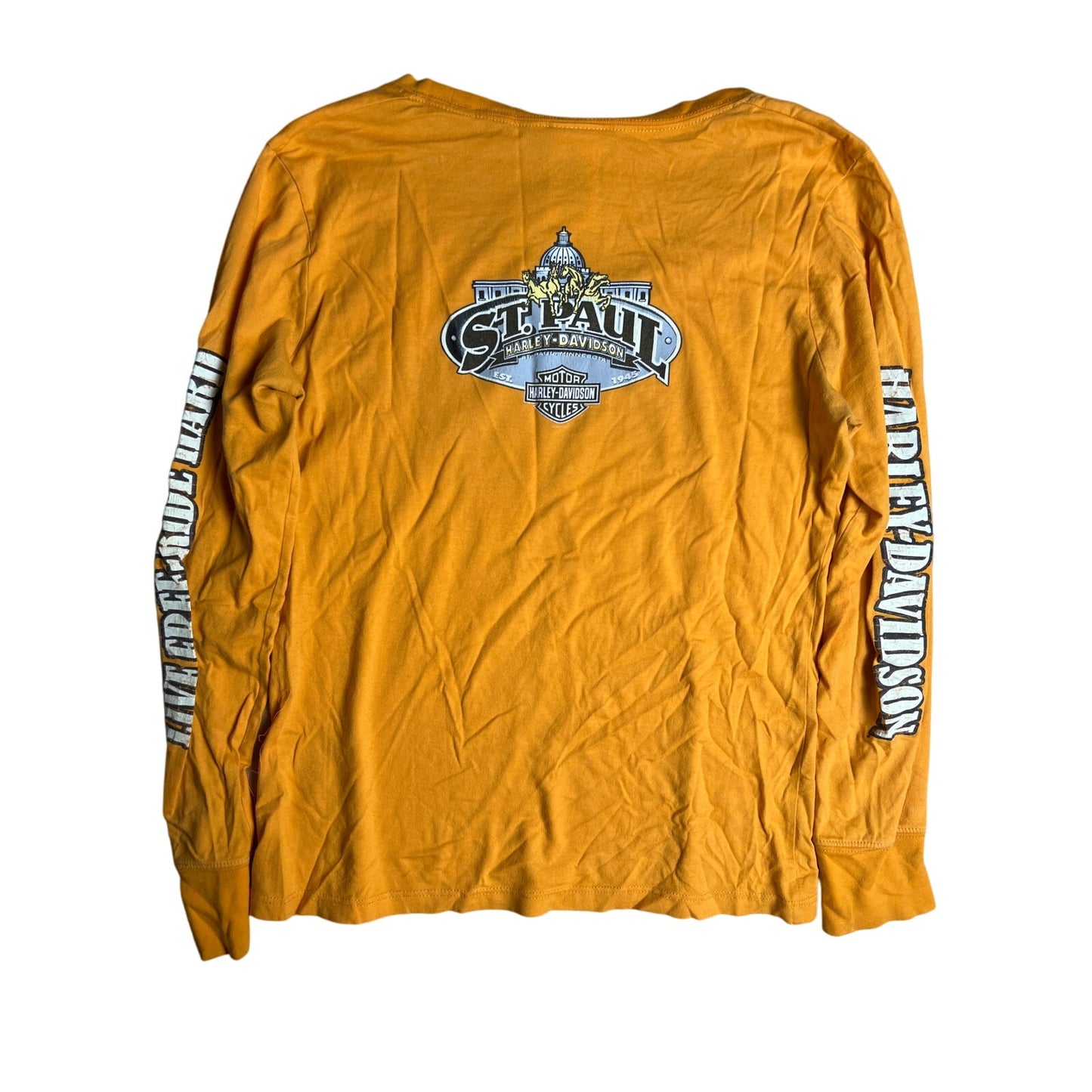 Harley Davidson Women T-Shirt Long Sleeve Yellow Moto Biker Scoop Neck Size M