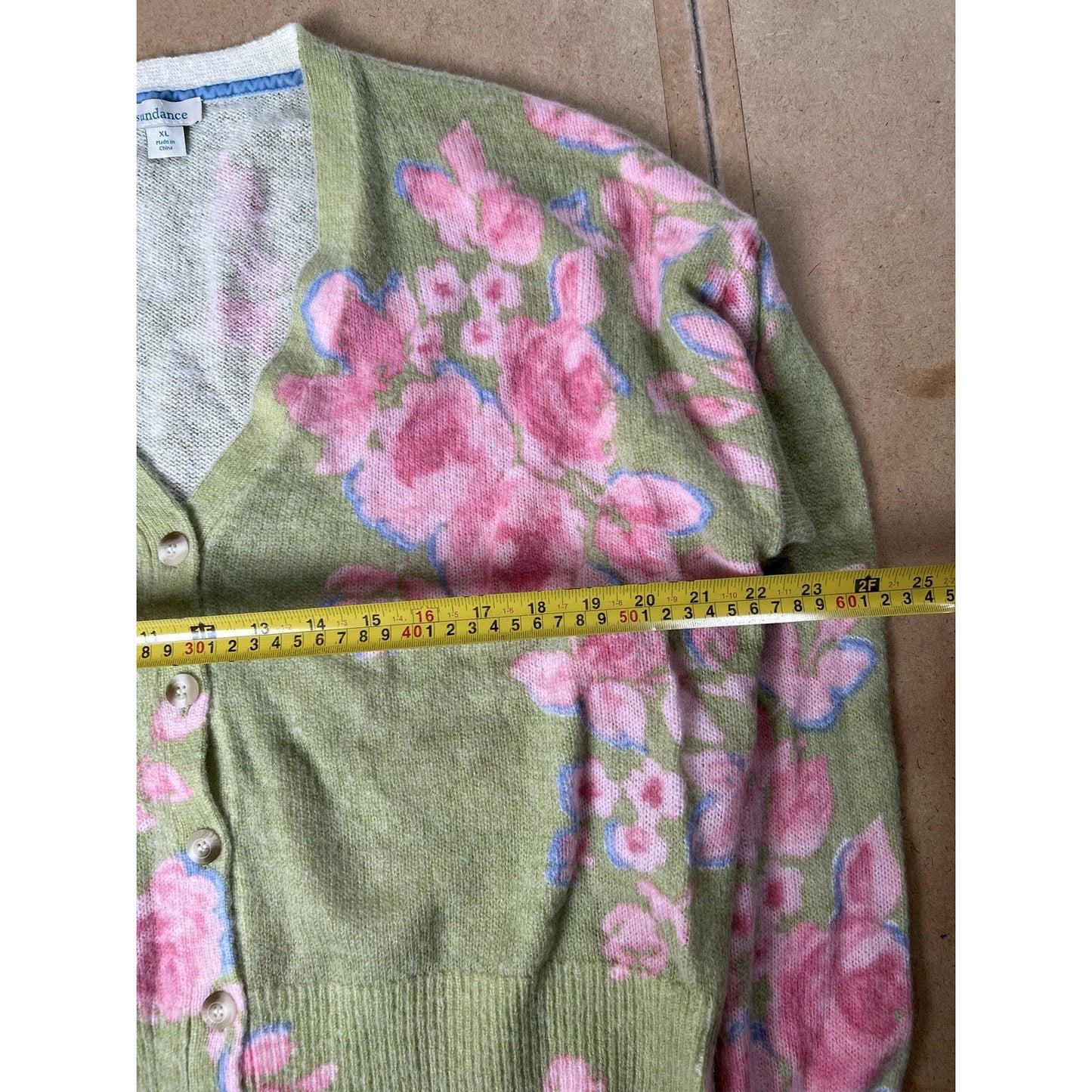 Sundance Cardigan Womens XL Green Floral Open-Knit Lightweight Button Front