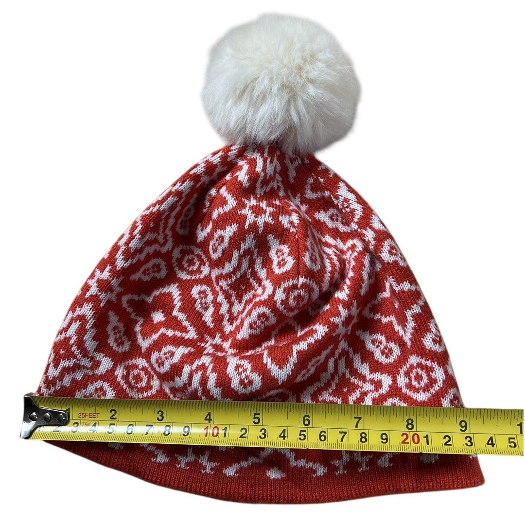 Vera Bradley Beanie Womens One Size Red Lined Faux Fur Pom Pom Geometric Knit