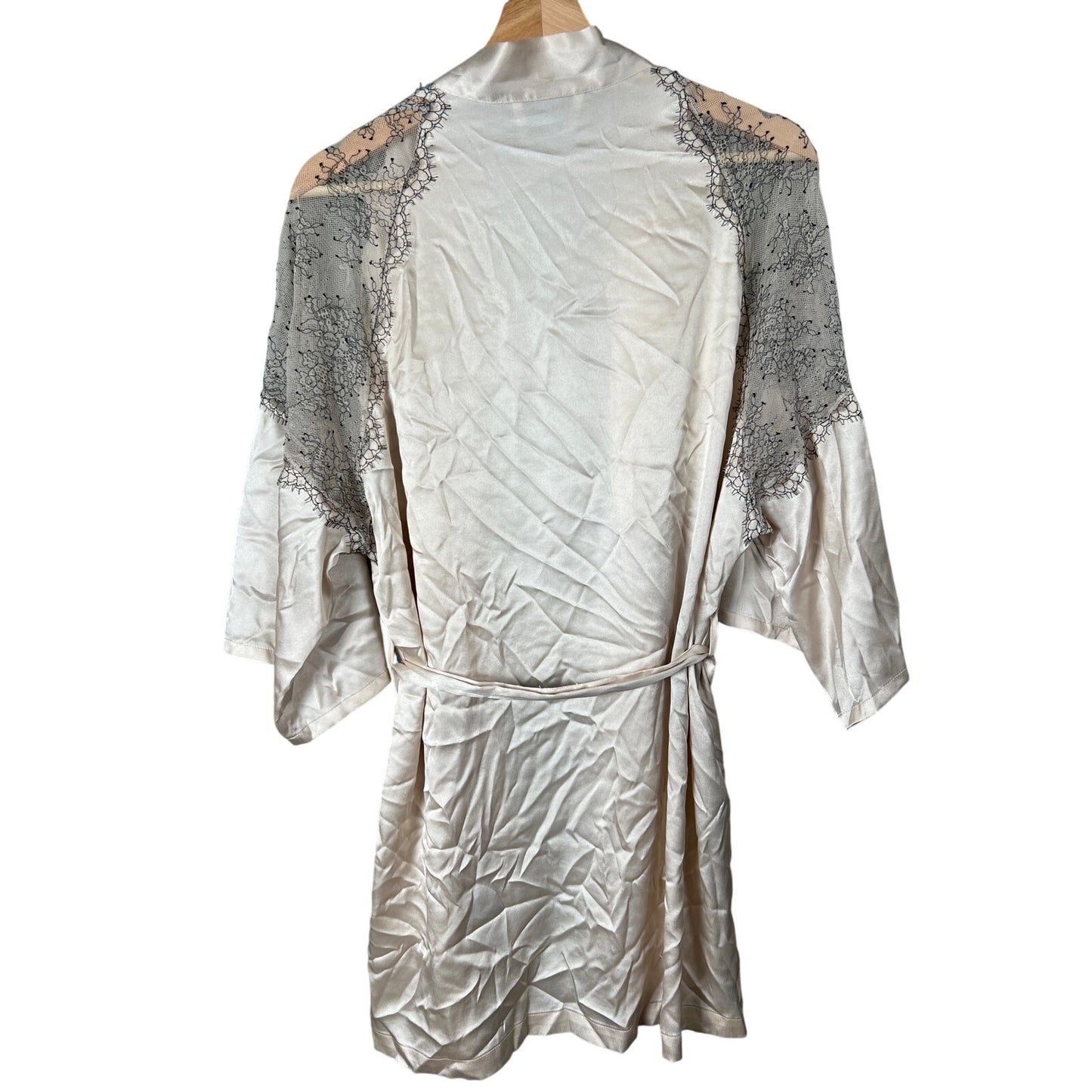 Victoria Secret XS/S Light Pink Satin Robe Kimono Short Black Lace Silky