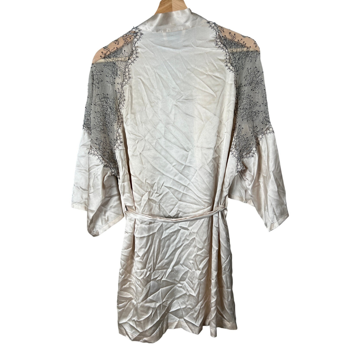 Victoria Secret XS/S Light Pink Satin Robe Kimono Short Black Lace Silky