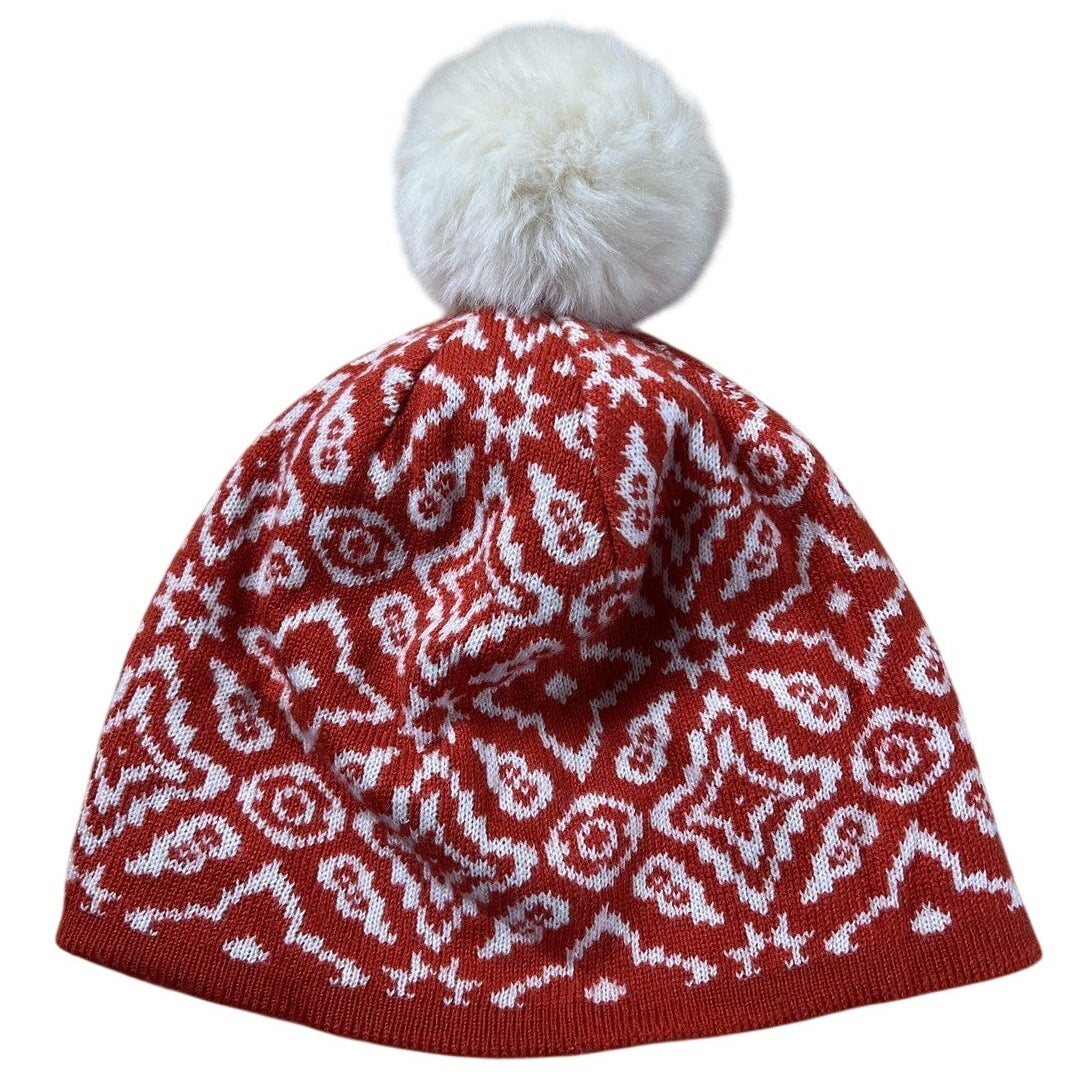 Vera Bradley Beanie Womens One Size Red Lined Faux Fur Pom Pom Geometric Knit