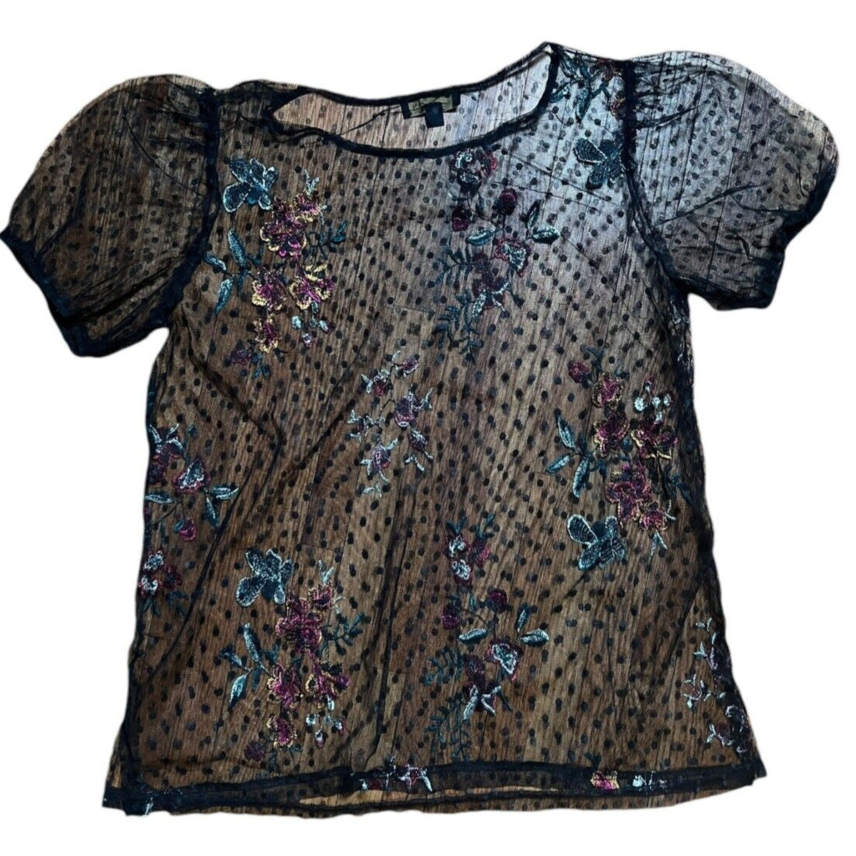 Suzanne Betro Womens Top L Black Red Floral Mesh