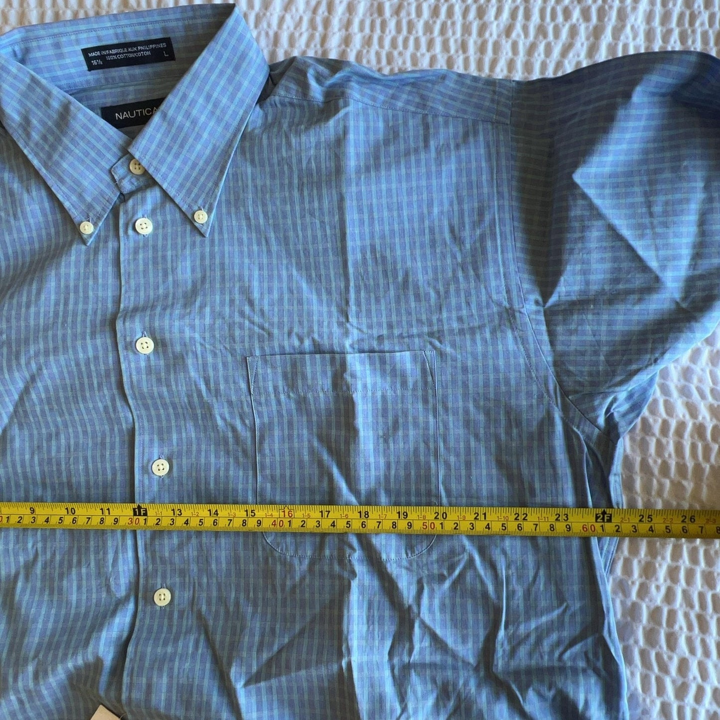 Nautica Shirt Mens 16.5 Blue Check Button-Down Short Sleeve 100% Cotton Large