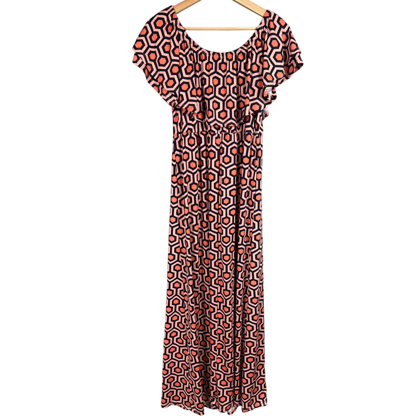 Mary Square NWT Size Large Women Long Orange Dress super stretch geo print
