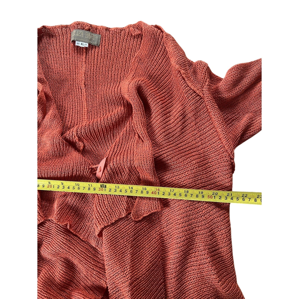 LUZA BART Cardigan Womens XL Orange Linen Open Knit Crochet Lightweight Relaxed