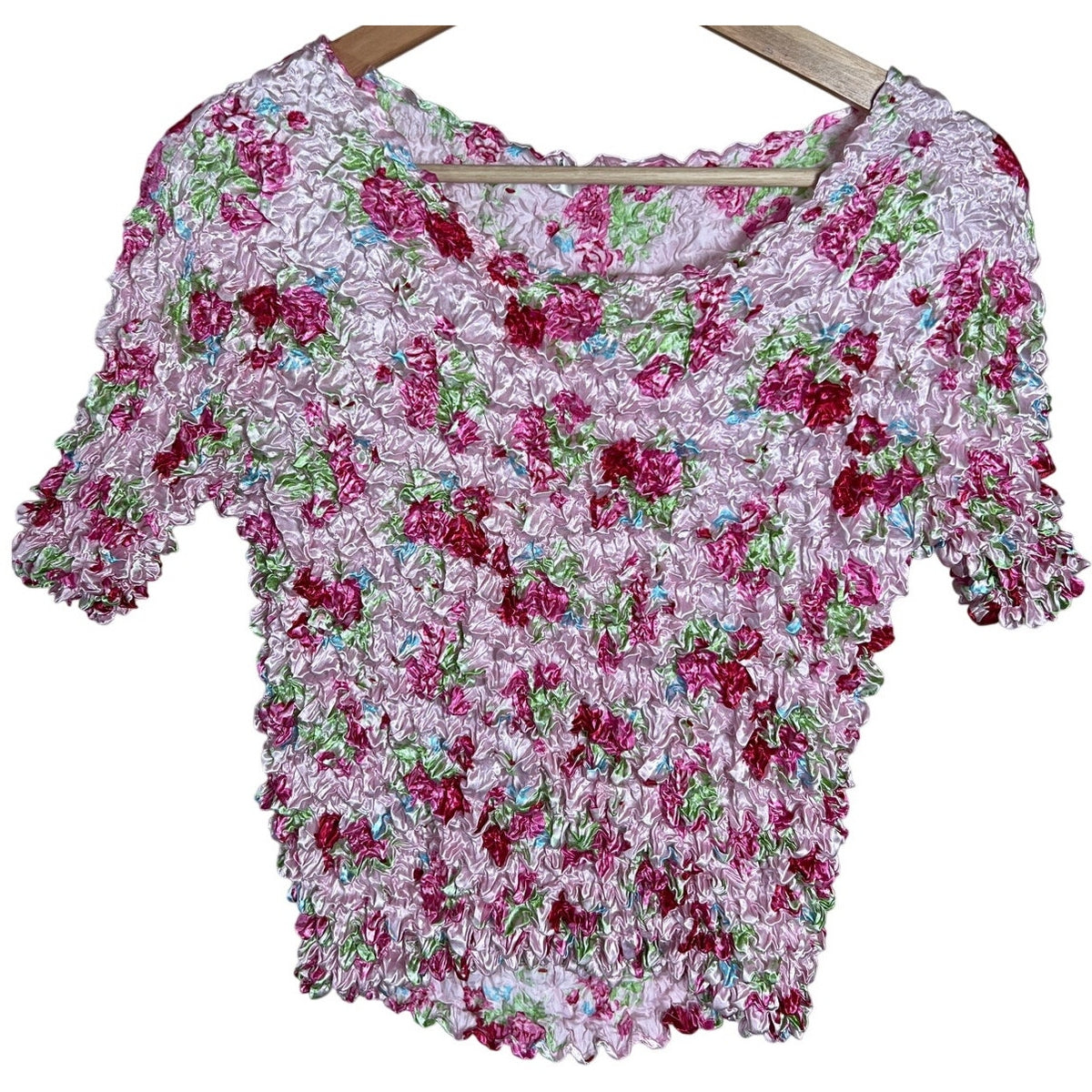 F C Purple Floral Popcorn Bubble Shirt One Size Crinkle Stretch