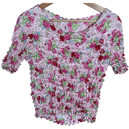 F C Purple Floral Popcorn Bubble Shirt One Size Crinkle Stretch