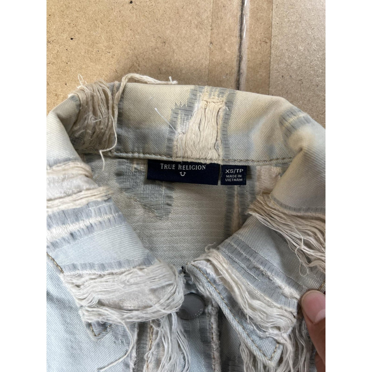 True Religion Jacket Womens XS Light Blue Distressed Fringe Denim Short Casual