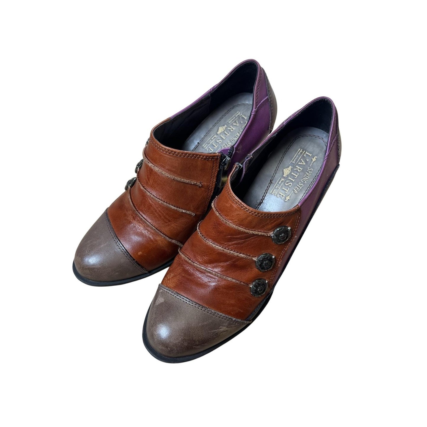 Spring Step L'Artiste Shoes Womens 10 Brown Leather Block Heel Boho Zip Buttons