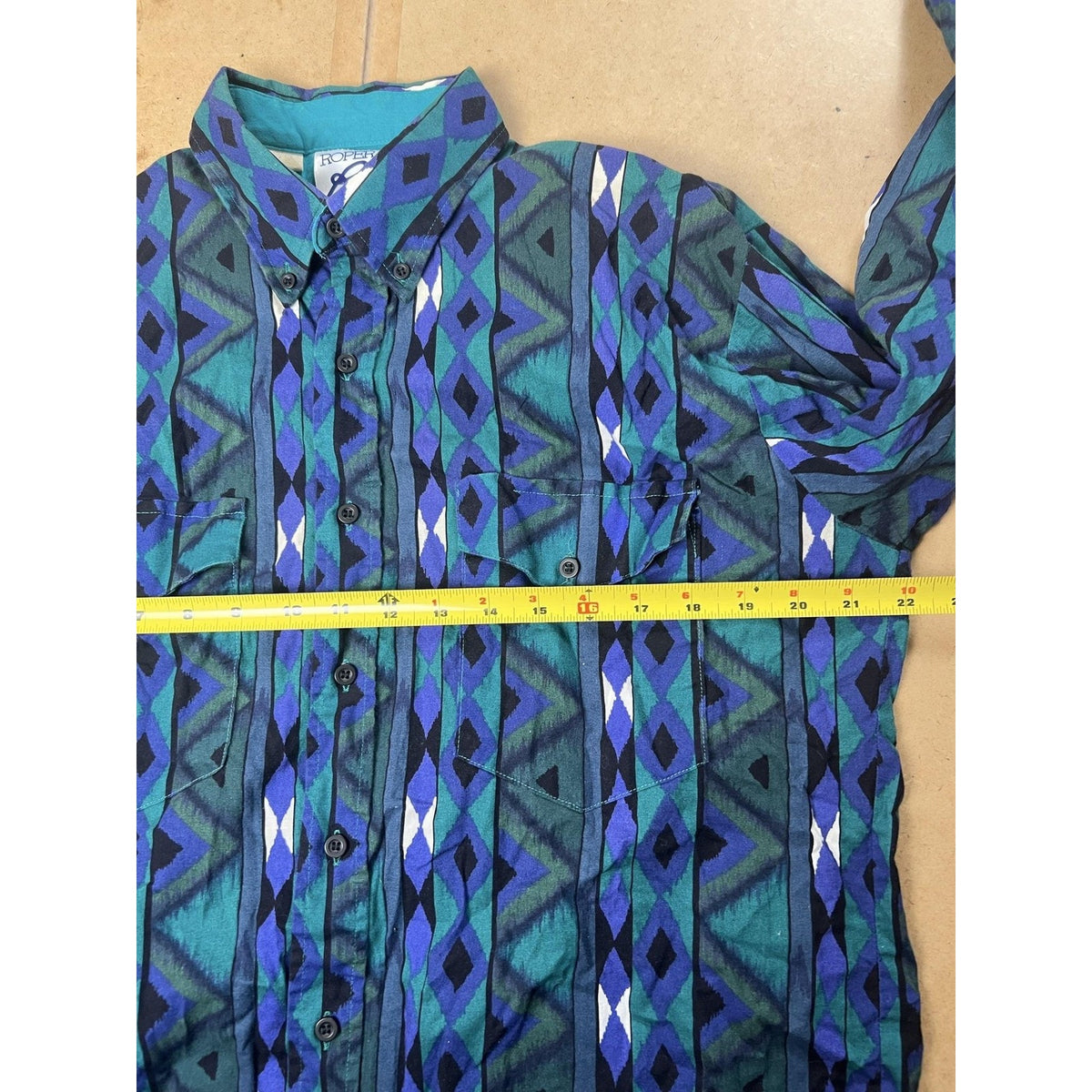 Roper Shirt Mens L Green Geometric Long Sleeve Button Up Lightweight Pocketed