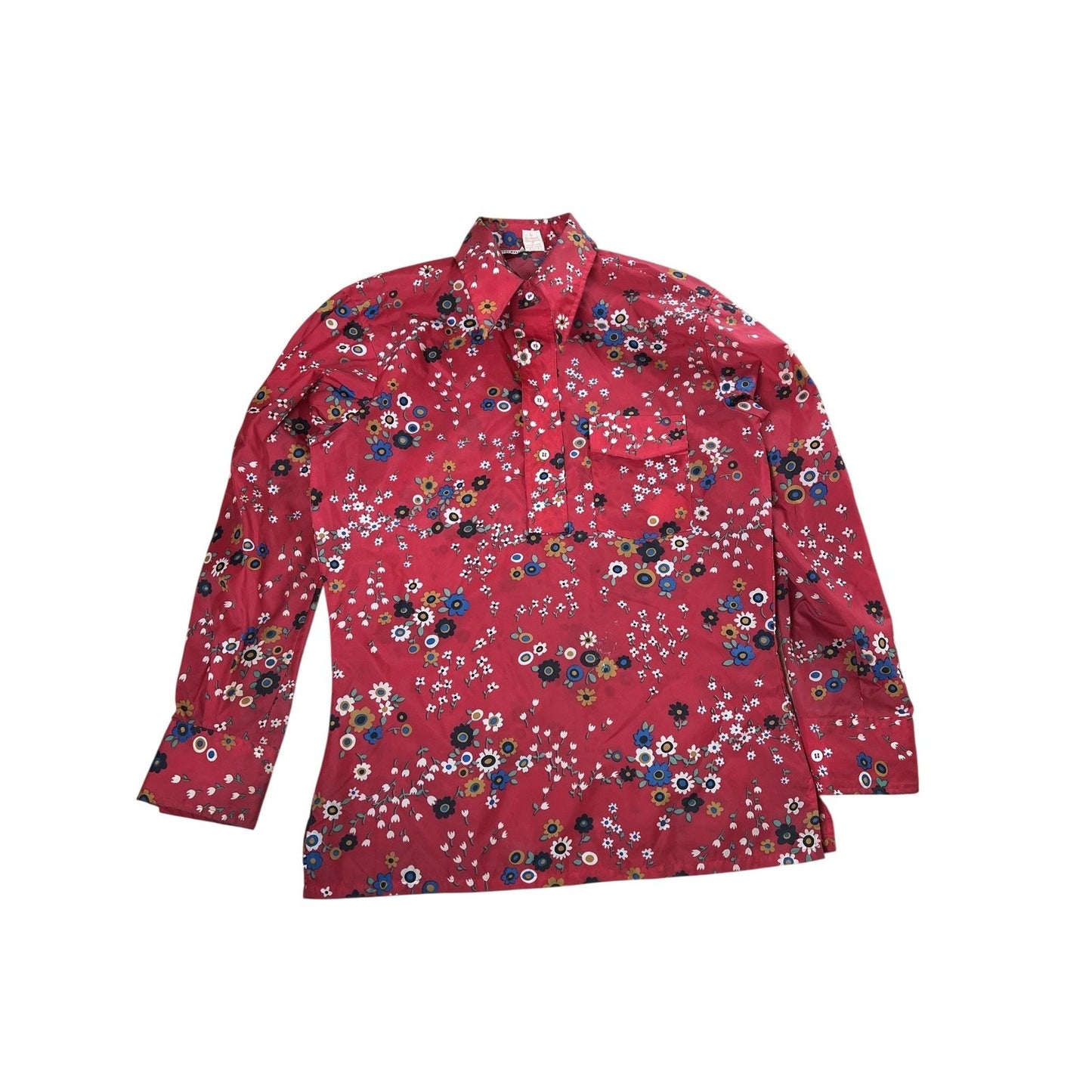 Skyr Button-Up Shirt Mens Small Red Floral Nylon Collared Vintage Long Sleeve