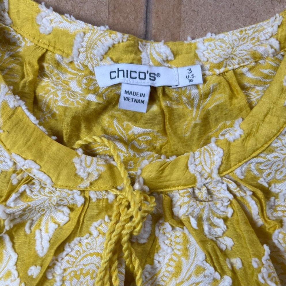 CHICO'S Women's Blouse Top 3/4 Sleeve Keyhole Neck Tassels Rayon Size 3