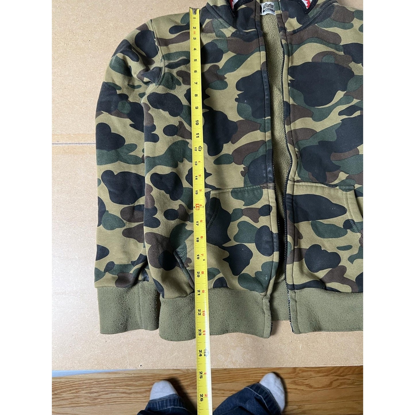 A Bathing Ape Sweater Mens M Green Camo Full Zip Hooded Shark Face Embroidered