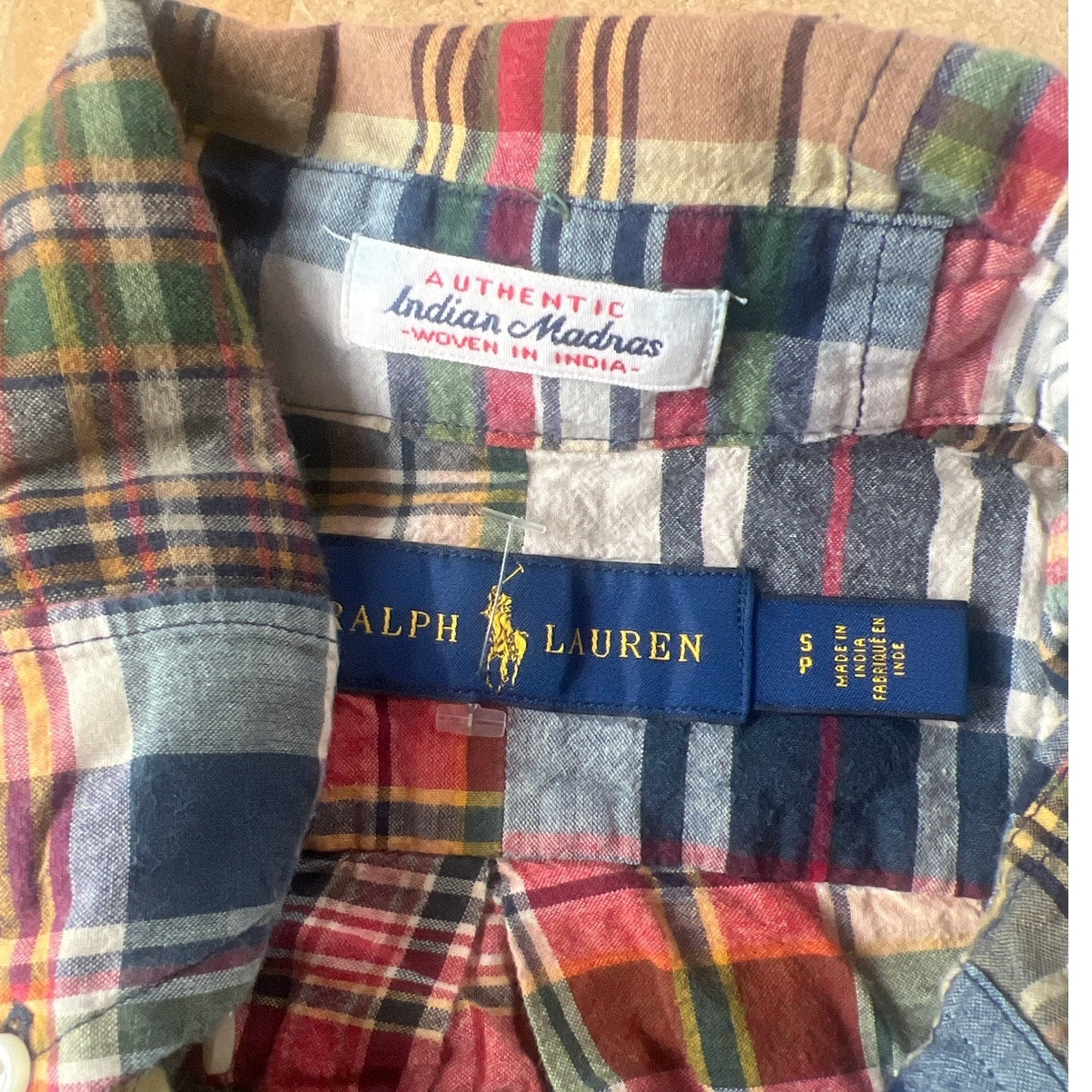 Vintage Ralph Lauren Patch Work Madras Button-Down Shirt Mens Small Blue Classic