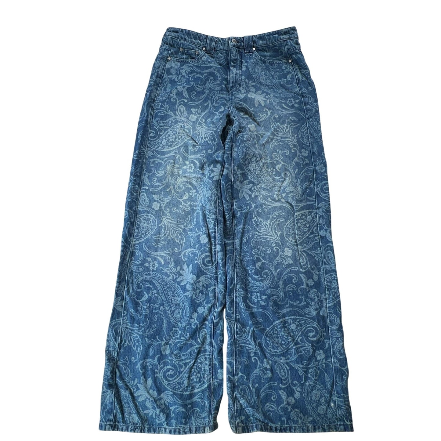 Rebekka Bach Pants Womens L Blue Paisley Denim Ankle Relaxed Pockets Zip Button