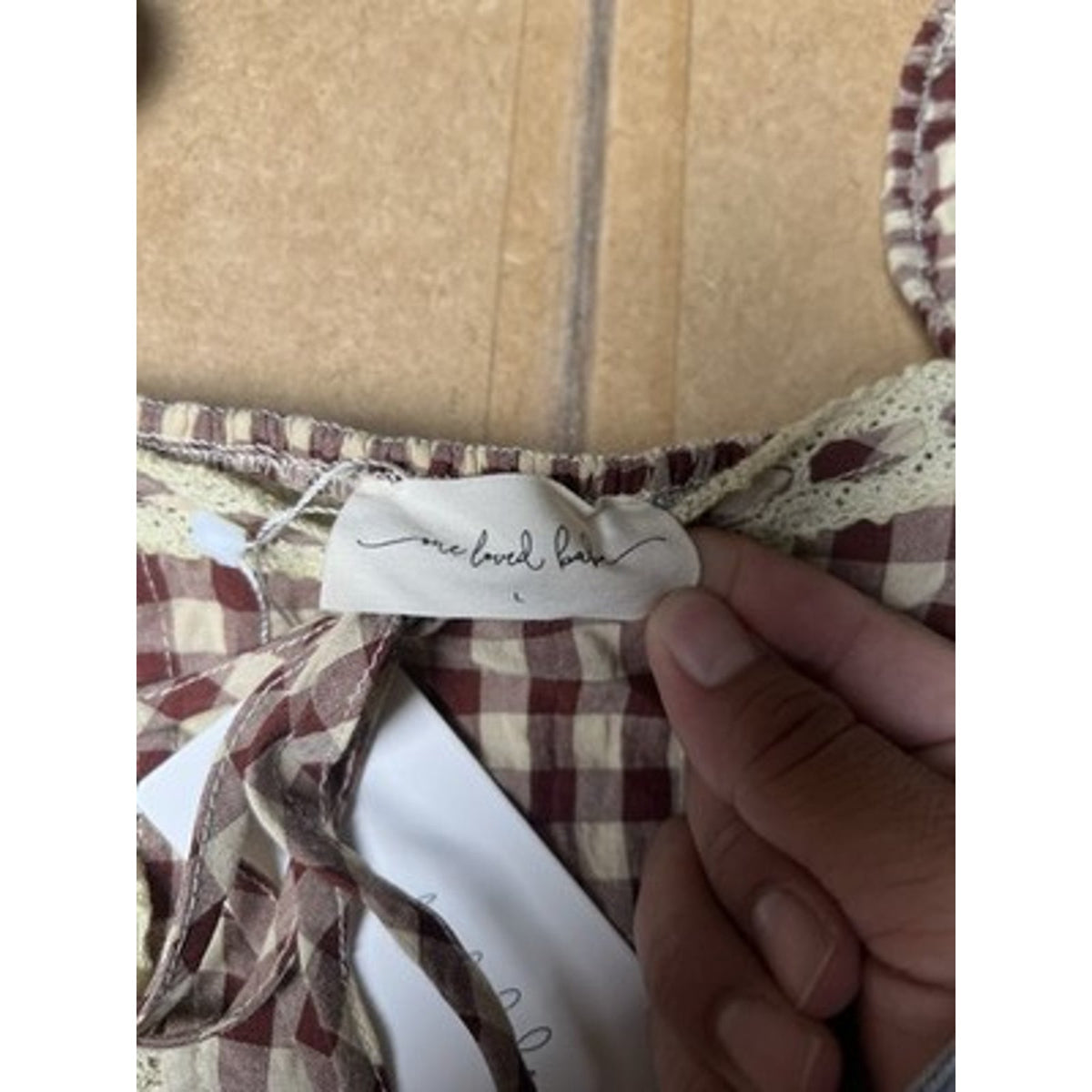 One Loved Babe Dress Womens L Brown Gingham Fit & Flare Off Shoulder Smocked