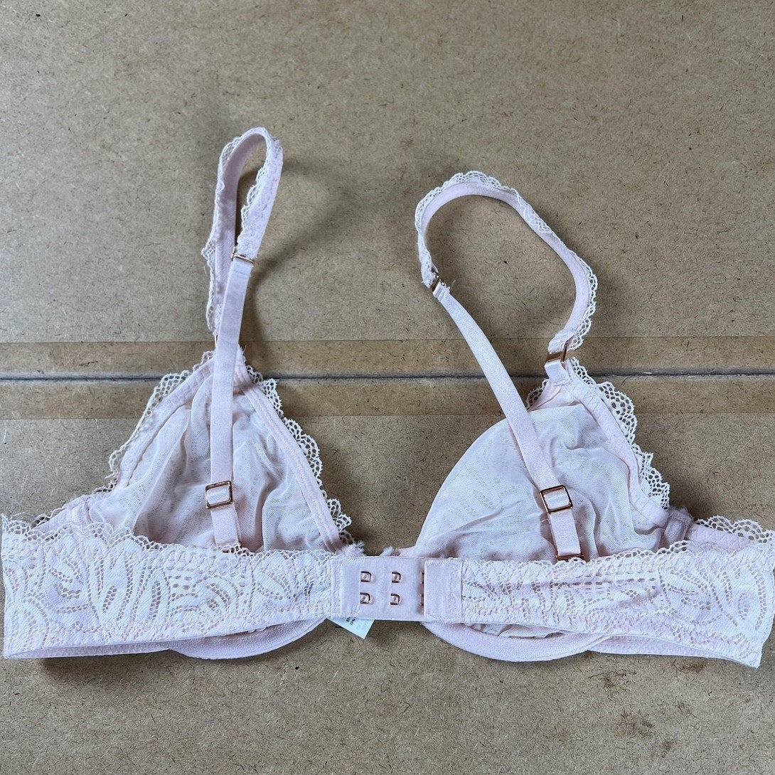 Aerie Bra Womens 34B Pink Bralette Unpadded Lace Sheer Adjustable Hook & Eye