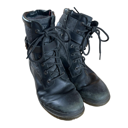 UGG Boot Womens Size 8.5 Black Leather Combat Wool Lined Zip Lace Up 1005264