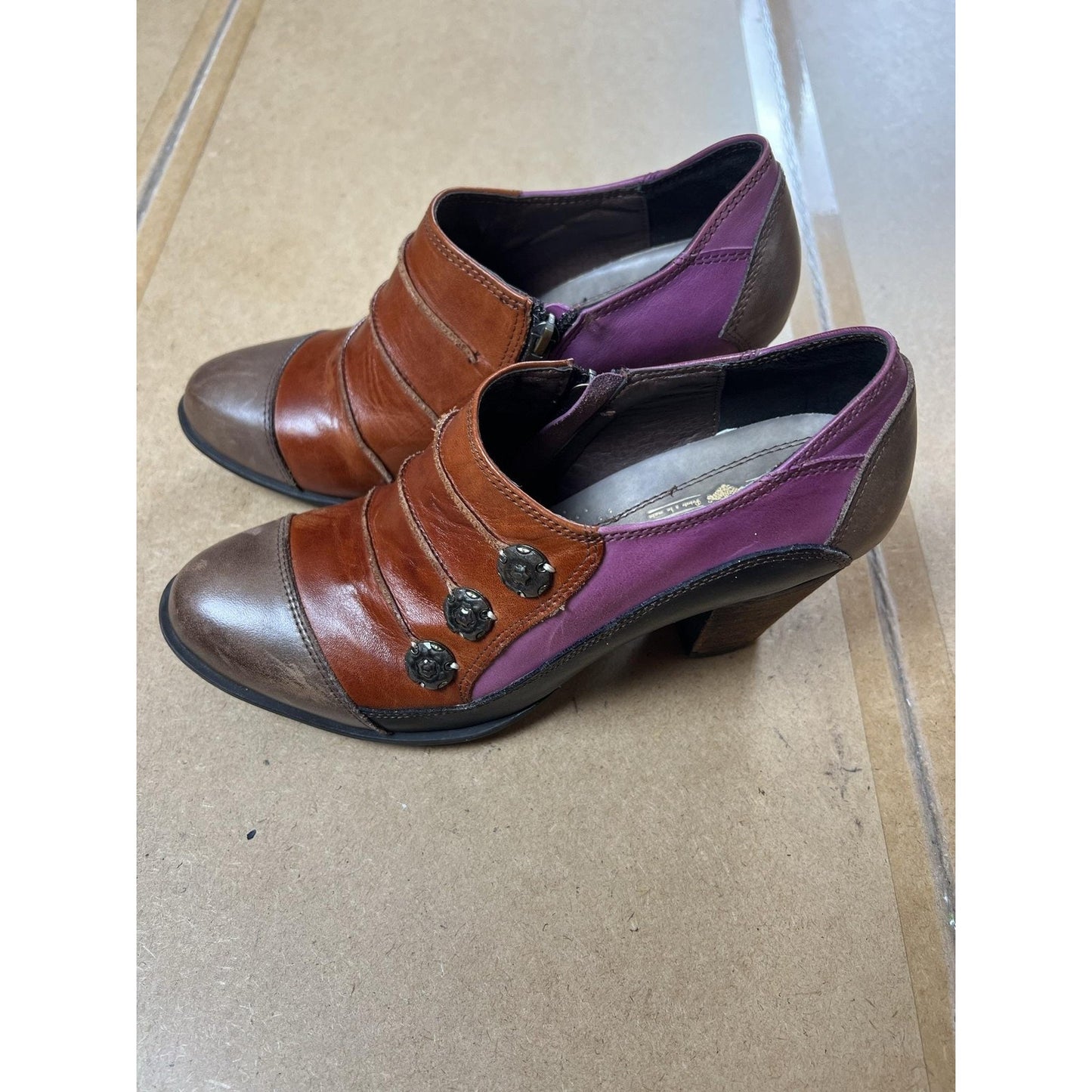 Spring Step L'Artiste Shoes Womens 10 Brown Leather Block Heel Boho Zip Buttons