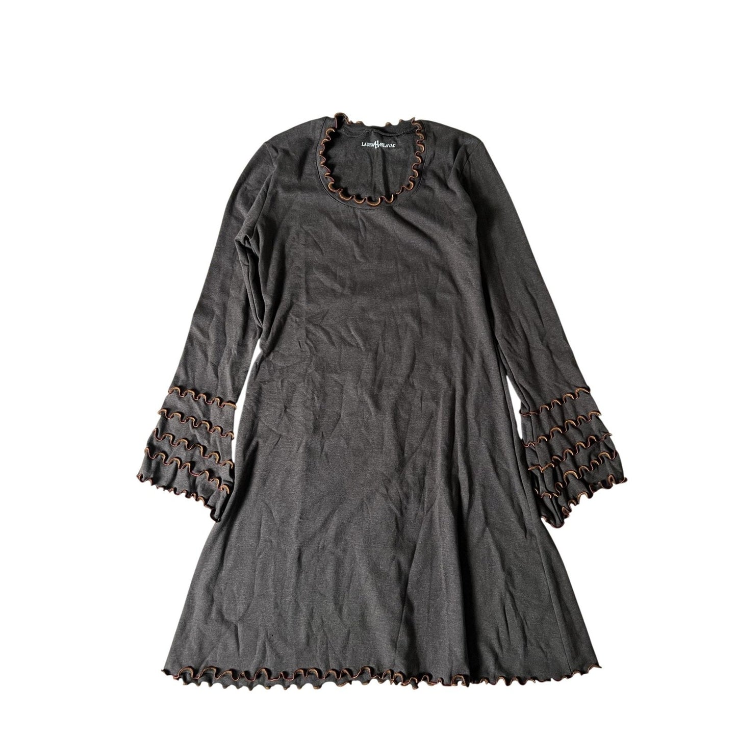 LAURA HLAVAC Dress Womens L Brown Trapeze & Swing Bell Sleeve Scoop Neck Ruffle