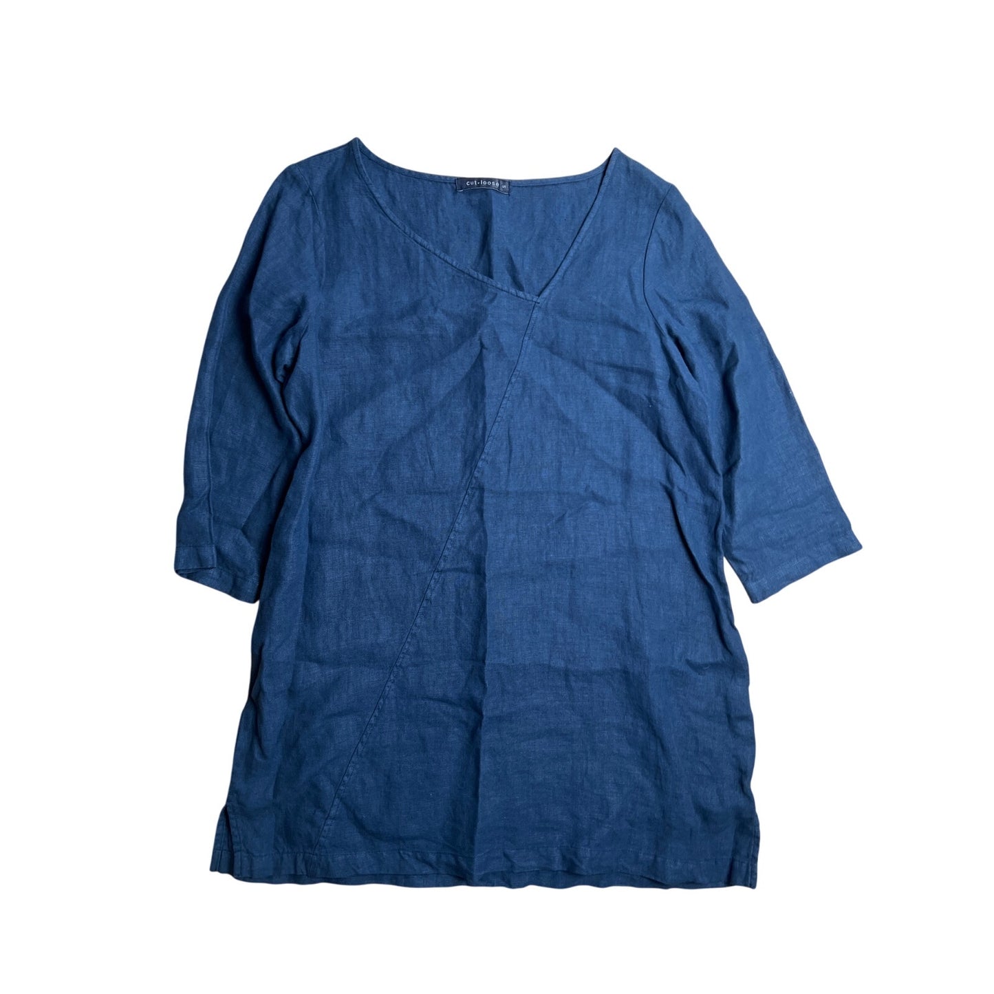 Cut Loose 100% Linen Boxy Lagenlook Dress Tunic 3/4 Sleeves Blue Women's Size S