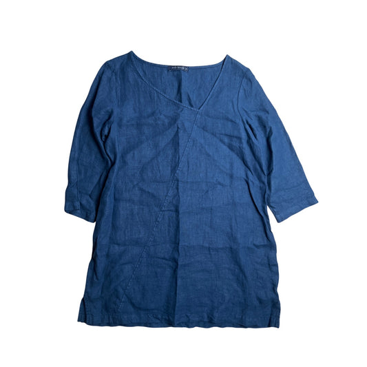 Cut Loose 100% Linen Boxy Lagenlook Dress Tunic 3/4 Sleeves Blue Women's Size S