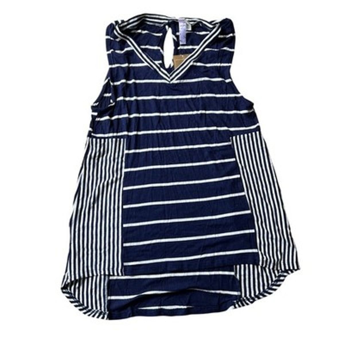 Francesca's Tunic Womens M Blue Striped V-Neck Sleeveless High Low Hem Stretch