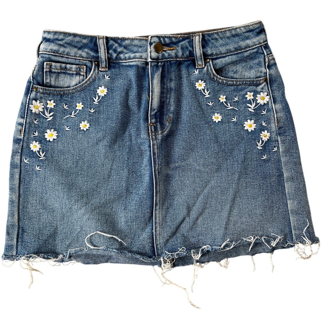 Lottie Moss Floral Embroidered Denim Mini Skirt Size 28 Blue Jean Daisy Boho