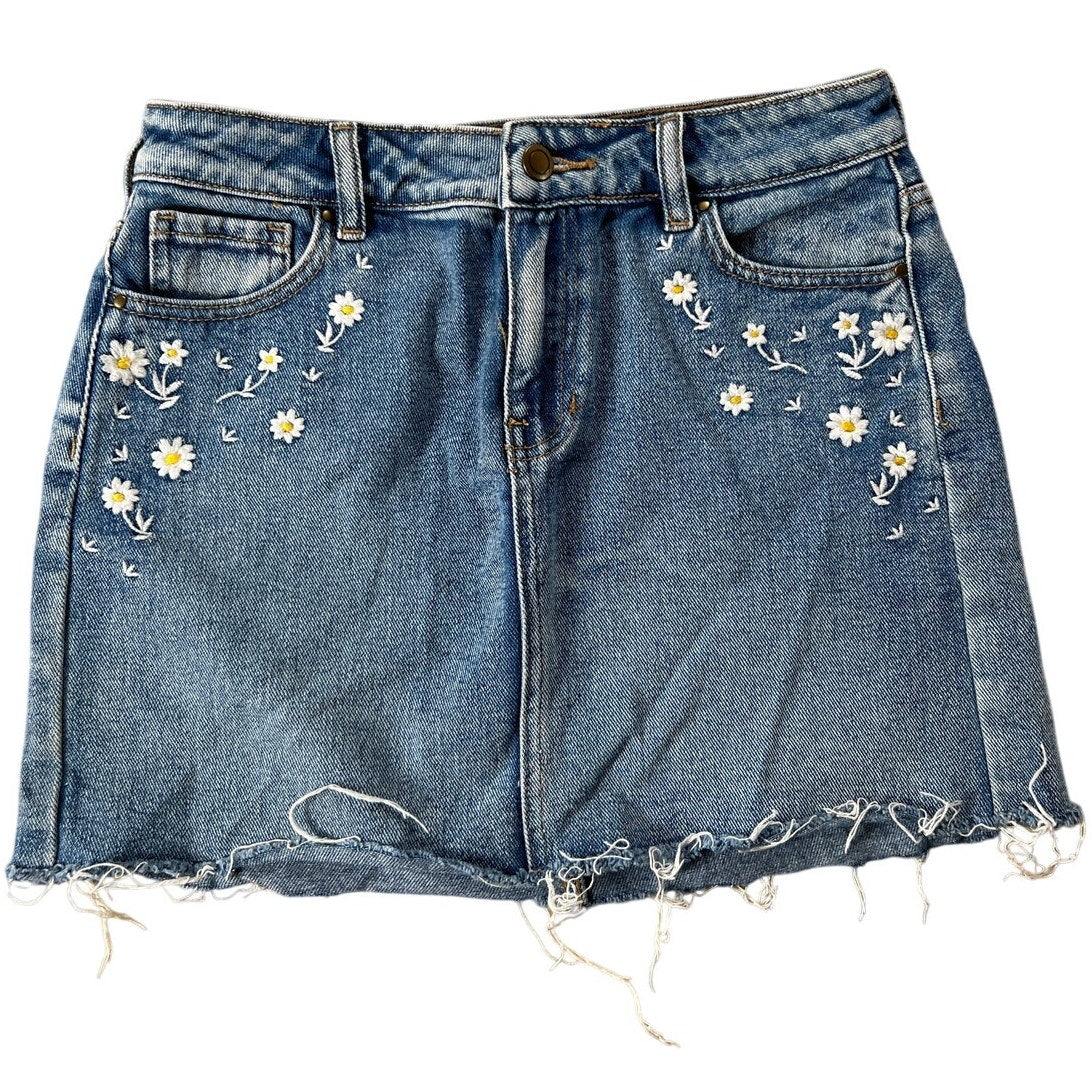 Lottie Moss Floral Embroidered Denim Mini Skirt Size 28 Blue Jean Daisy Boho
