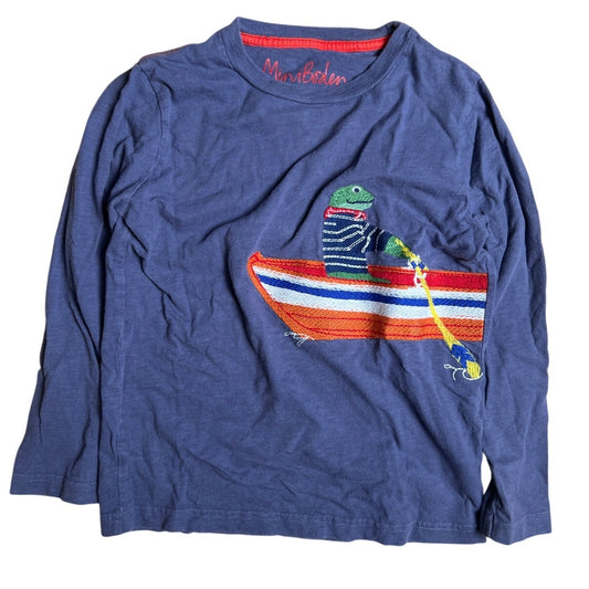 Mini Boden Boy 6-7 Blue Long Sleeve Frog On Boat Graphic