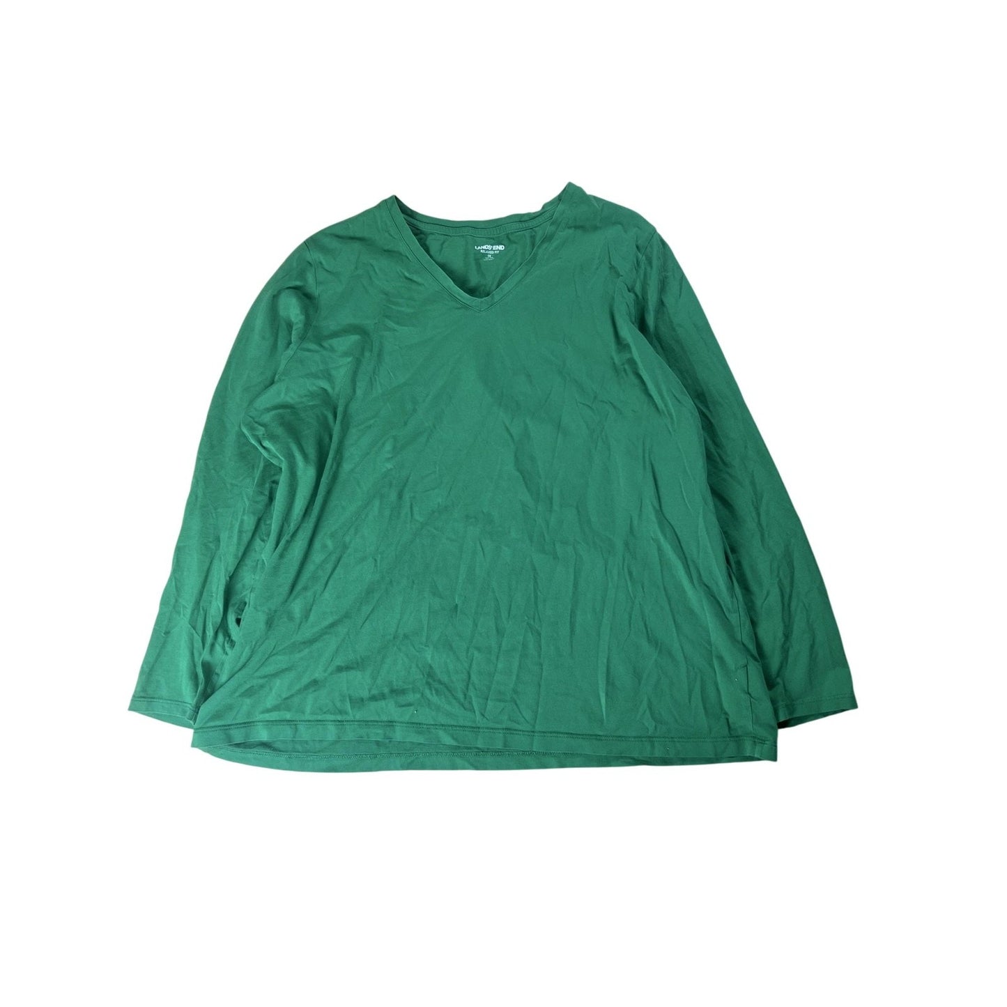 Lands' End T-Shirt Womens 1X Green V-Neck Long Sleeve 100% Cotton Relaxed