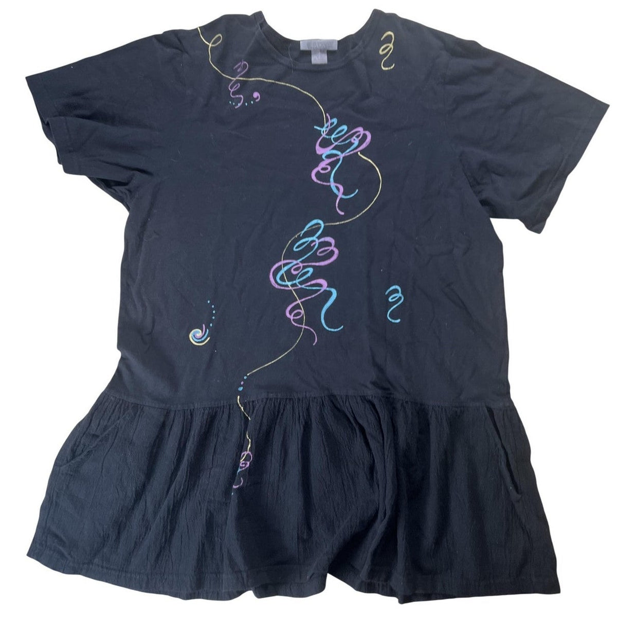 BLUE-EYED BEAR Tunic Womens L Black Ruffle Crew Neck Short Sleeve Casual
