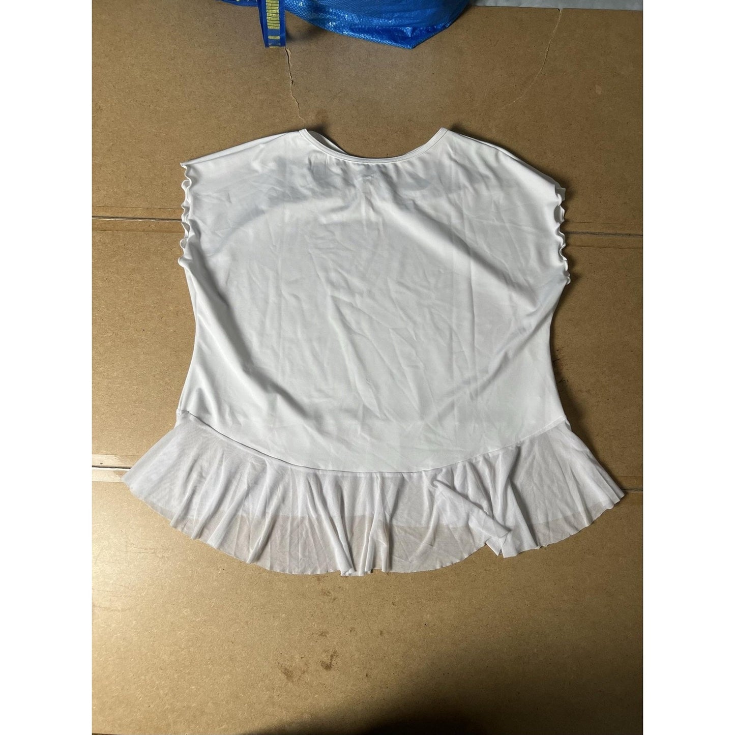 Womens M White Tunic Shirt Cap Sleeve Ruffle Hem Stretch Jersey Casual