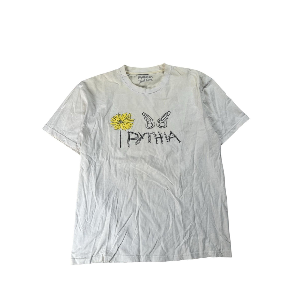 PYTHIA Shirt Mens XL White Cotton Crew Neck Graphic Daisy Butterfly Logo Front