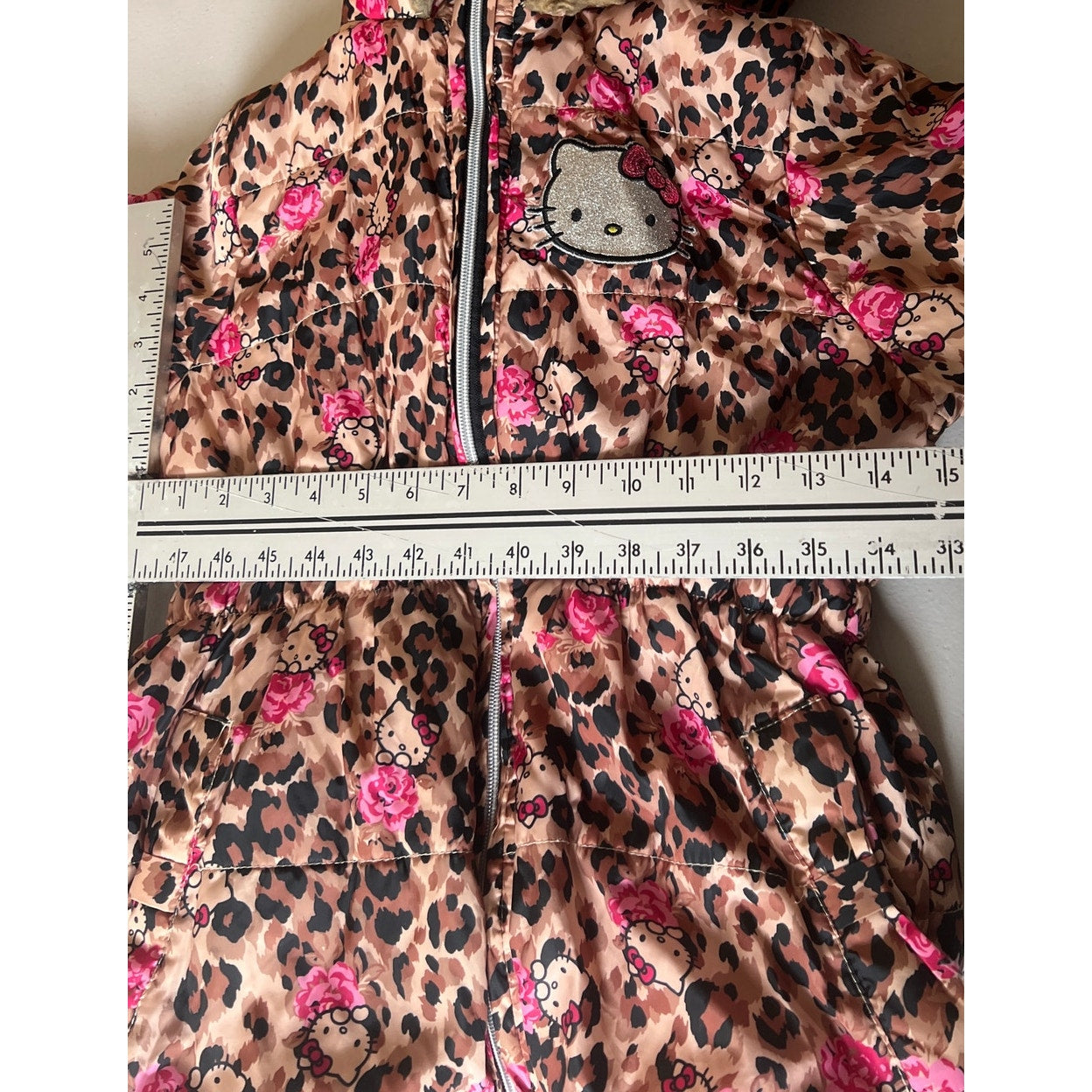 Hello Kitty Cheetah Winter Fleece Lined Hooded Puffer Size 10 Ripped Pocket