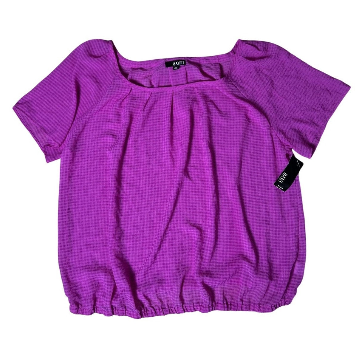 A.n.a Blouse Womens 1X Purple Scoop Neck Short Sleeve Pleated Elastic Waist