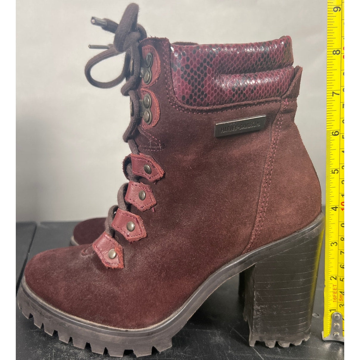 Harley Davidson Women Heel Boot Size 6 Maroon Suede Snake Faux Skin