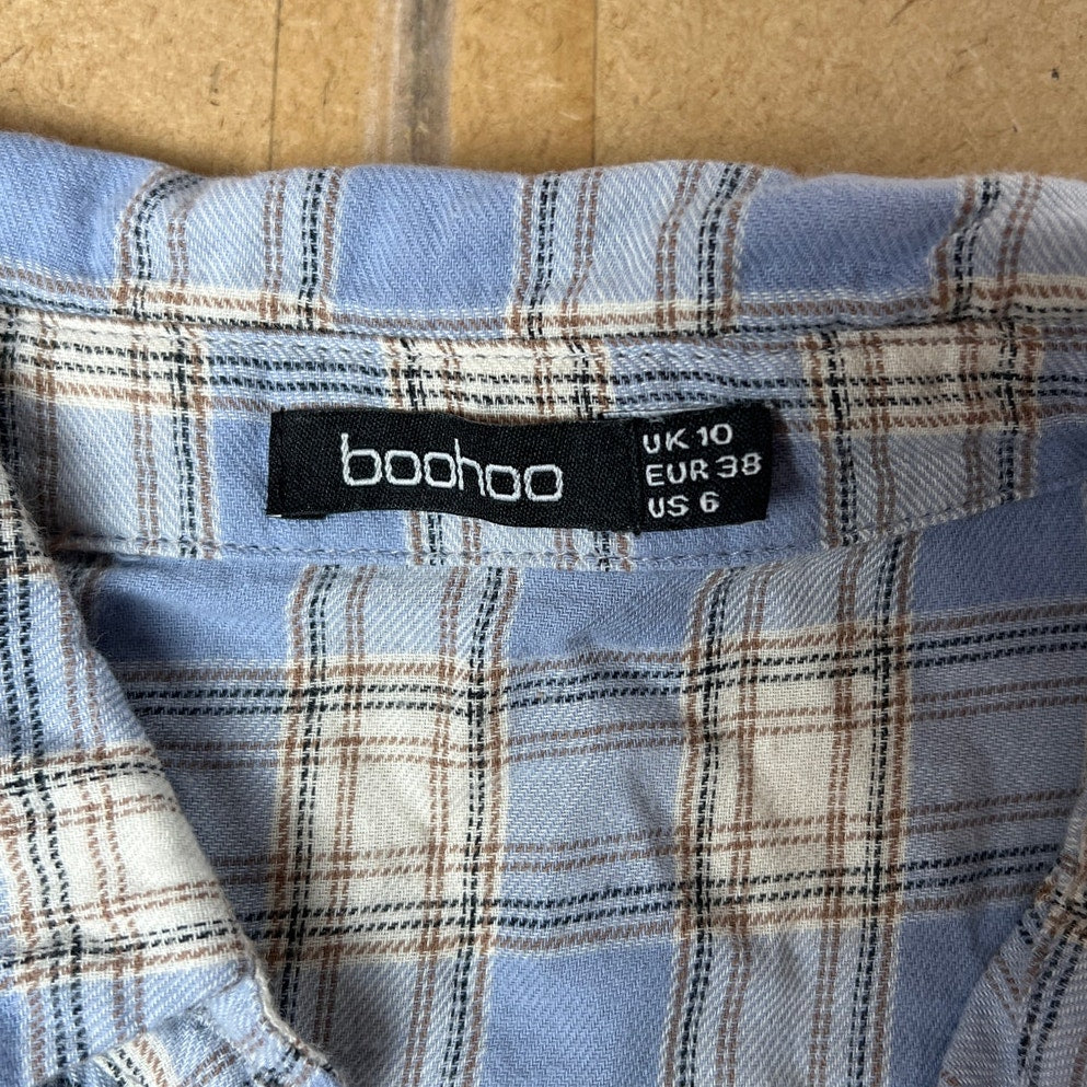 Boohoo Women's Blue Plaid Long Sleeve Button Down Collared Shirt Size 6