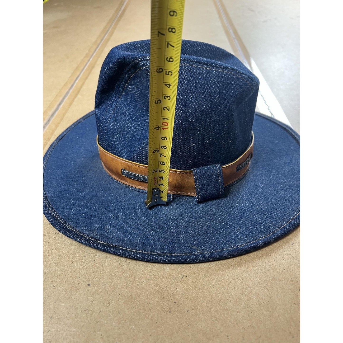 Fedora Hat Womens L Blue Denim Cotton Wide Brim Strap Made USA Spring Summer