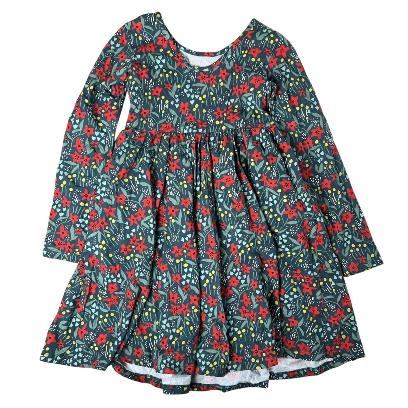Hanna Andersson Dress Girls 10 Green Floral Fit & Flare Long Sleeve Jersey