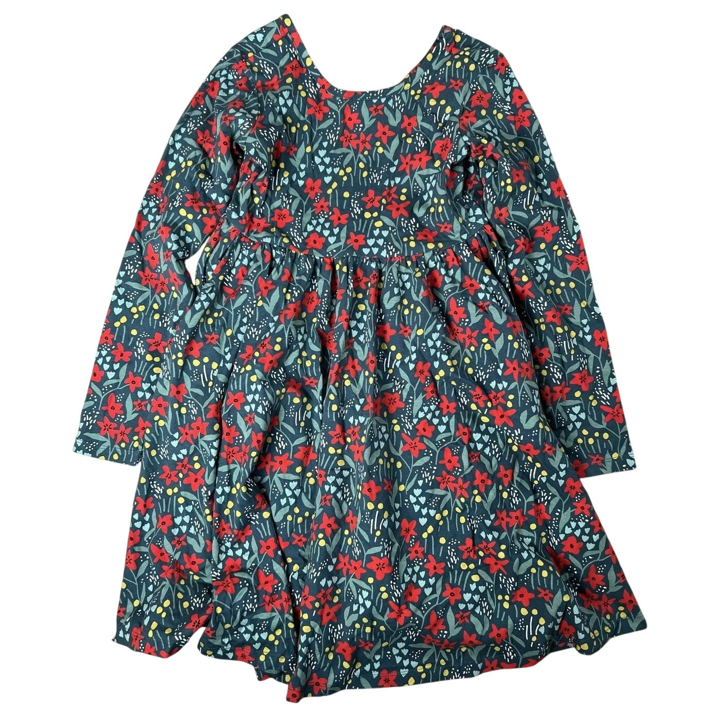 Hanna Andersson Dress Girls 10 Green Floral Fit & Flare Long Sleeve Jersey