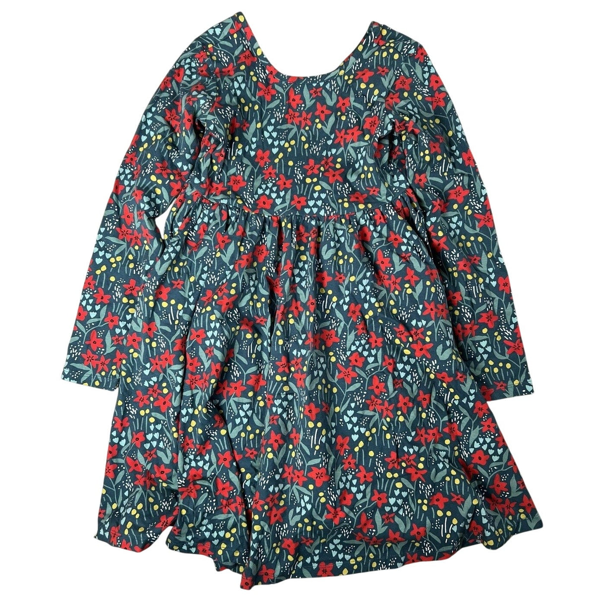 Hanna Andersson Dress Girls 10 Green Floral Fit & Flare Long Sleeve Jersey