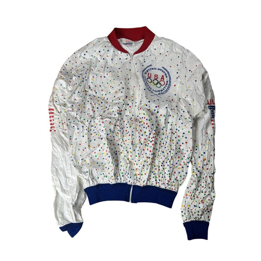 ALFA INTL CORP Jacket Mens XL White Windbreaker USA Polka Dot Olympic Logo