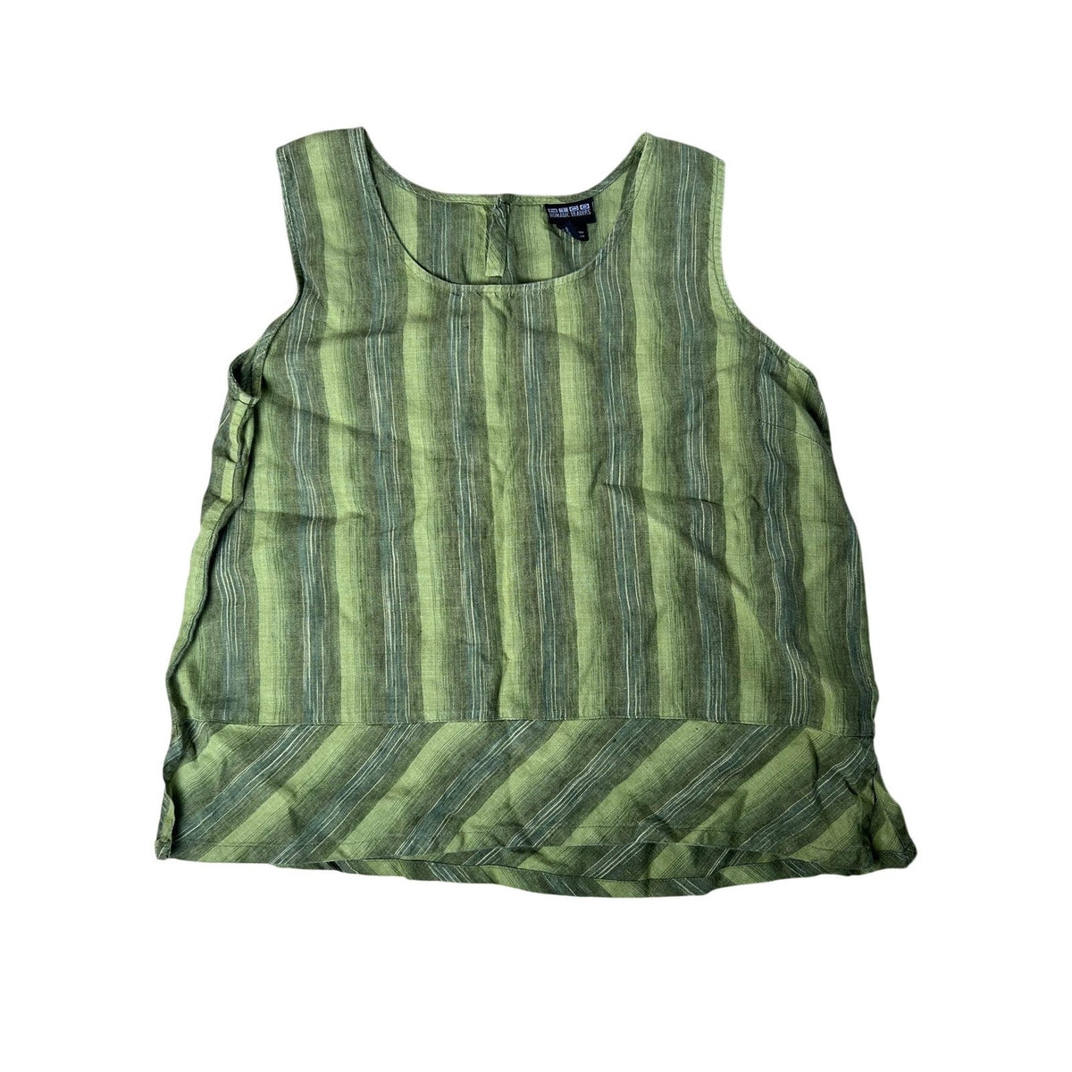 Nomadic Traders Tank Womens L Green 100% Linen Striped Scoop Neck Casual