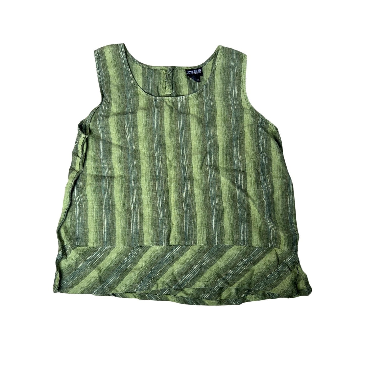 Nomadic Traders Tank Womens L Green 100% Linen Striped Scoop Neck Casual
