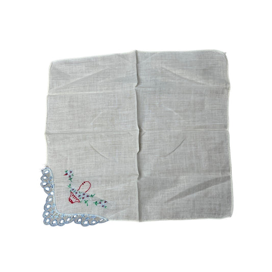Vintage Hand Embroidered Floral Handkerchief  Dimensions in Picture