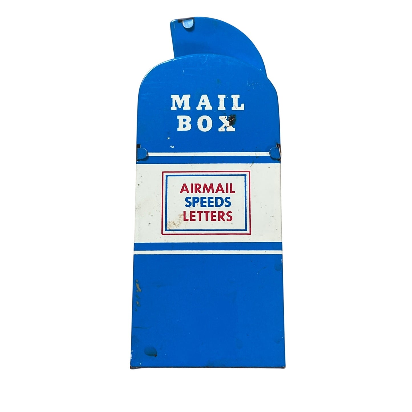 Vintage Toy 5 3/4" High Ohio Art Tin Metal Mail Box Airmail Speed Letter Bank w